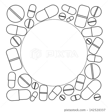 Tablets pills Pharmacy frame template circle round square hand drawn illustration. Vector graphic line art. Banner, poster, wrapping paper, sticker, print, modern textile design. Tablets pills Pharmacy frame template circle round square hand drawn illustration. Vector graphic line art. Banner, poster, wrapping paper, sticker, print, modern textile design. 142528337