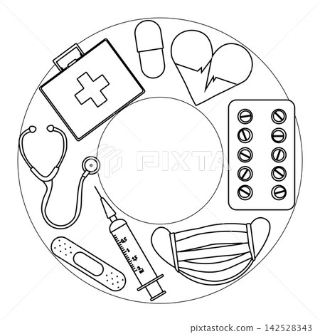 Medical and health Pharmacy frame template circle round hand drawn illustration. Vector graphic line art. stethoscope, pills, hearts, healthcare, wellness, and medical supplies. 142528343