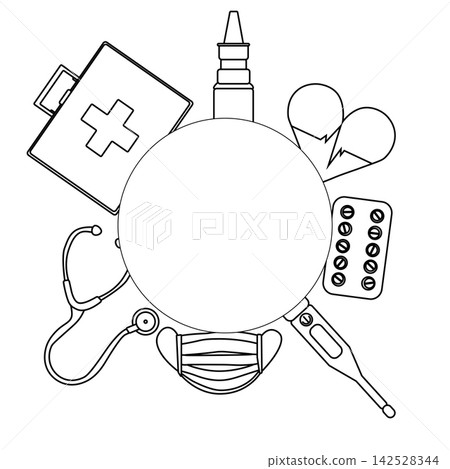 Medical and health Pharmacy frame template circle round hand drawn illustration. Vector graphic line art. Perfect for logo, branding, packaging, labels, and modern decor design. Medical and health Pharmacy frame template circle round hand drawn illustration. Vector graphic line art. Perfect for logo, branding, packaging, labels, and modern decor design. 142528344