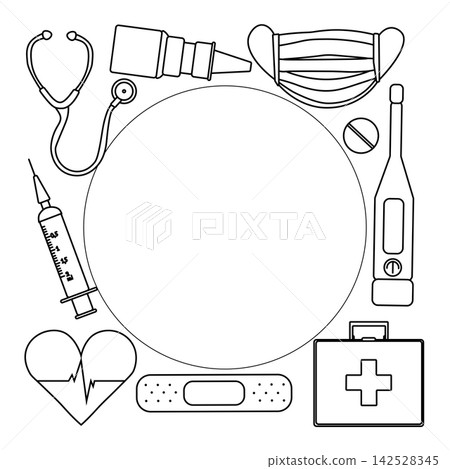Medical and health Pharmacy frame template circle round square hand drawn illustration. Vector graphic line art. Banner, poster, wrapping paper, sticker, print, modern textile design. 142528345