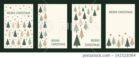 Subtle Christmas card set with stylized fir trees, aesthetic pastel green winter holiday background, modern minimalist pine tree border vector illustration template for seasonal campaign Subtle Christmas card set with stylized fir trees, aesthetic pastel green winter holiday background, modern minimalist pine tree border vector illustration template for seasonal campaign 142528364