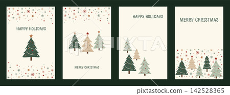 Christmas card template set with minimalist evergreen trees, neutral muted muted colors holiday banner, geometric pine tree vector illustration collection for seasonal corporate greeting Christmas card template set with minimalist evergreen trees, neutral muted muted colors holiday banner, geometric pine tree vector illustration collection for seasonal corporate greeting 142528365