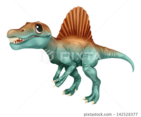 Watercolor spinosaurus dinosaur isolated PNG file, featuring a cute hand-drawn sail-backed prehistoric carnivorous creature character on a transparent background. Watercolor spinosaurus dinosaur isolated PNG file, featuring a cute hand-drawn sail-backed prehistoric carnivorous creature character on a transparent background. 142528377