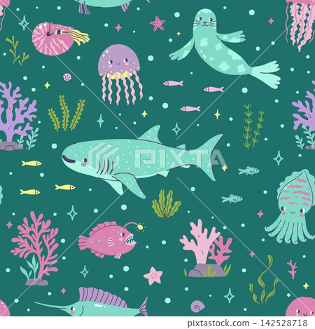 Cute seamless pattern with sea animals: shark, seal, jellyfish and others on a turquoise background. Cute seamless pattern with sea animals: shark, seal, jellyfish and others on a turquoise background. 142528718