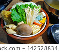 一張擺滿了火鍋食材的桌子。 142528834
