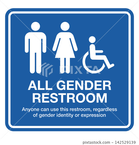 All gender restroom sign vector graphic featuring inclusive symbols and text for public facility design All gender restroom sign vector graphic featuring inclusive symbols and text for public facility design 142529139