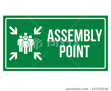 Assembly Point emergency sign, green and white minimalist vector graphic featuring people icons for safety signage Assembly Point emergency sign, green and white minimalist vector graphic featuring people icons for safety signage 142529146