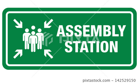 Assembly station green sign vector illustration with people symbols and directional arrows for emergency safety Assembly station green sign vector illustration with people symbols and directional arrows for emergency safety 142529150