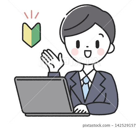 一名男性員工,臉上帶著新手駕駛的標記,電腦螢幕上顯示駕駛說明。 一名男性員工,臉上帶著新手駕駛的標記,電腦螢幕上顯示駕駛說明。 142529157