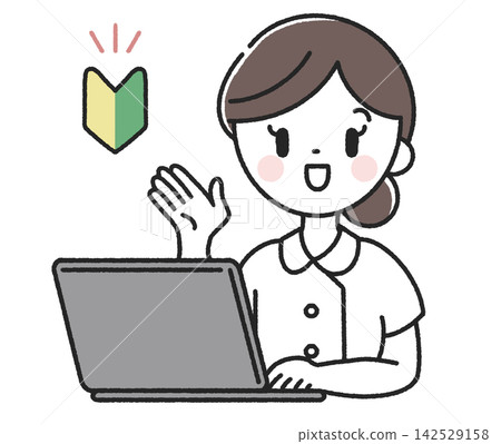 A female nurse giving instructions in front of a computer, with a beginner driver's mark on her driver's license. 142529158