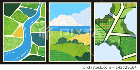 Farmland fields aerial view, geometric landscape Farmland fields aerial view, geometric landscape 142529164