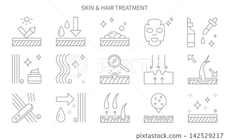 Skin and hair treatment line icons set on white Skin and hair treatment line icons set on white 142529217
