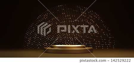 Golden 3D podium with dot light circle on black 142529222