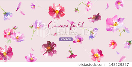 Floral pattern (vector) composed of watercolor illustrations of cosmos flowers in various colors - Wallpaper/Textile Floral pattern (vector) composed of watercolor illustrations of cosmos flowers in various colors - Wallpaper/Textile 142529227