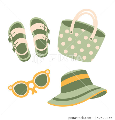 Set of green summer beach accessories. Sunglasses, hat, sandals and beach bag. Vacation items illustration. Set of green summer beach accessories. Sunglasses, hat, sandals and beach bag. Vacation items illustration. 142529236