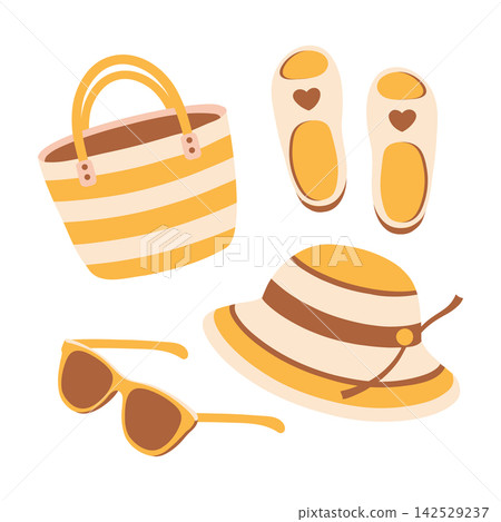 Set of yellow beige summer beach accessories. Sunglasses, hat, sandals and beach bag. Vacation items illustration. Set of yellow beige summer beach accessories. Sunglasses, hat, sandals and beach bag. Vacation items illustration. 142529237