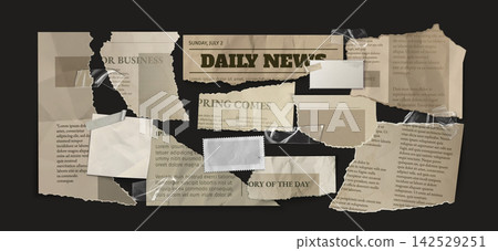 Crumpled pieces of vintage newspaper clippings 142529251