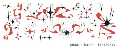 Y2K star icons with sparkling light rays 142529255
