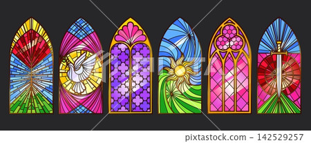 Gothic catholic church windows with stained glass Gothic catholic church windows with stained glass 142529257
