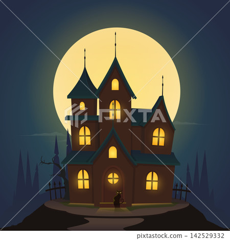 Haunted house at night during full moon illustration 142529332