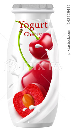Plastic bottle with drinkable cherry yogurt with Foil Cap. Dairy product. cherry -flavored yogurt. Healthy snack. Closed jar for fermented milk food. White container mockup. Realistic 3D vector design Plastic bottle with drinkable cherry yogurt with Foil Cap. Dairy product. cherry -flavored yogurt. Healthy snack. Closed jar for fermented milk food. White container mockup. Realistic 3D vector design 142529452