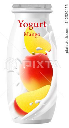 Plastic bottle with drinkable mango yogurt with Foil Cap. Dairy product. mango-flavored yogurt. Healthy snack. Closed jar for fermented milk food. White container mockup. Realistic 3D vector design Plastic bottle with drinkable mango yogurt with Foil Cap. Dairy product. mango-flavored yogurt. Healthy snack. Closed jar for fermented milk food. White container mockup. Realistic 3D vector design 142529453
