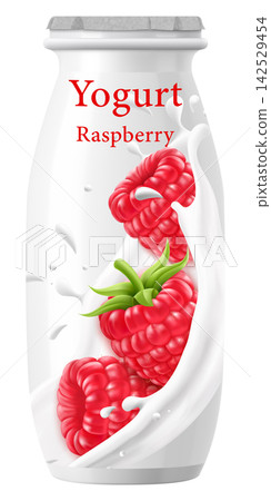 Plastic bottle with drinkable raspberry yogurt with Foil Cap. Dairy product. raspberry-flavored yogurt. Closed jar for fermented milk food. White container mockup. Realistic 3D vector design Plastic bottle with drinkable raspberry yogurt with Foil Cap. Dairy product. raspberry-flavored yogurt. Closed jar for fermented milk food. White container mockup. Realistic 3D vector design 142529454