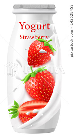 Plastic bottle with drinkable strawberry yogurt with Foil Cap. Dairy product. strawberry-flavored yogurt. Closed jar for fermented milk food. White container mockup. Realistic 3D vector design 142529455