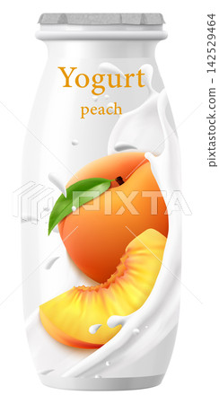Plastic bottle with drinkable peach yogurt with Foil Cap. Dairy product. peach -flavored yogurt. Healthy snack. Closed jar for fermented milk food. White container mockup. Realistic 3D vector design Plastic bottle with drinkable peach yogurt with Foil Cap. Dairy product. peach -flavored yogurt. Healthy snack. Closed jar for fermented milk food. White container mockup. Realistic 3D vector design 142529464