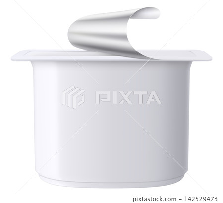 Plastic packages with yogurt. Dairy sour cream with open foil lid, cap isolated on white background with clipping path. Realistic 3d rendering Plastic packages with yogurt. Dairy sour cream with open foil lid, cap isolated on white background with clipping path. Realistic 3d rendering 142529473