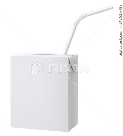 Juice or milk carton box with drinking straw mockup isolated on a white background. Juice packaging. Realistic 3d rendering. Template of cardboard package for juice. Vector Illustration Juice or milk carton box with drinking straw mockup isolated on a white background. Juice packaging. Realistic 3d rendering. Template of cardboard package for juice. Vector Illustration 142529482