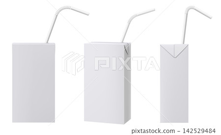Set of Juice or milk carton box with drinking straw mockup isolated on a white background. Juice packaging. Realistic 3d rendering. Template of cardboard package for juice. Vector Illustration Set of Juice or milk carton box with drinking straw mockup isolated on a white background. Juice packaging. Realistic 3d rendering. Template of cardboard package for juice. Vector Illustration 142529484