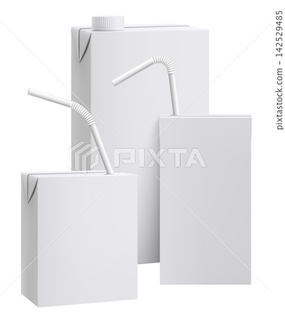 Set of Juice or milk carton boxes mockup with drinking straw isolated on a white background. Juice packaging. Realistic 3d rendering. Template of cardboard package for juice. Vector Illustration Set of Juice or milk carton boxes mockup with drinking straw isolated on a white background. Juice packaging. Realistic 3d rendering. Template of cardboard package for juice. Vector Illustration 142529485