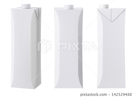 Set of white carton pack, blank box for milk or juice. Vector realistic 3d mockup of cardboard package with plastic cap for liquid dairy products and beverage isolated on background. Set of white carton pack, blank box for milk or juice. Vector realistic 3d mockup of cardboard package with plastic cap for liquid dairy products and beverage isolated on background. 142529488
