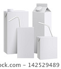 Set of Juice or milk carton boxes mockup with drinking straw isolated on a white background. Juice packaging. Realistic 3d rendering. Template of cardboard package for juice. Vector Illustration 142529489