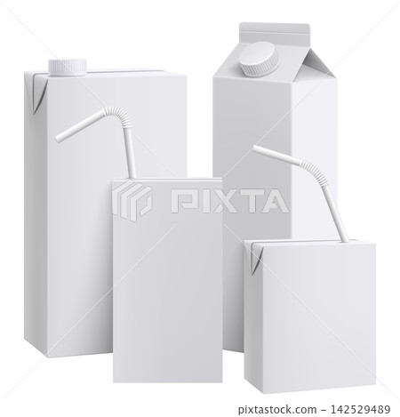 Set of Juice or milk carton boxes mockup with drinking straw isolated on a white background. Juice packaging. Realistic 3d rendering. Template of cardboard package for juice. Vector Illustration Set of Juice or milk carton boxes mockup with drinking straw isolated on a white background. Juice packaging. Realistic 3d rendering. Template of cardboard package for juice. Vector Illustration 142529489