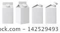 Set of white carton packs for milk or juice with plastic cap, Yogurt or kefir pack. Vector realistic 3d mockup of cardboard boxes for liquid dairy products and beverage isolated on background. 142529493