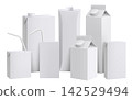 Set of Juice or milk carton boxes mockup with drinking straw isolated on a white background. Juice packaging. Realistic 3d rendering. Template of cardboard package for juice. Vector Illustration 142529494