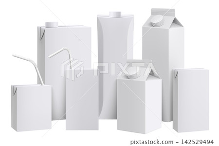 Set of Juice or milk carton boxes mockup with drinking straw isolated on a white background. Juice packaging. Realistic 3d rendering. Template of cardboard package for juice. Vector Illustration Set of Juice or milk carton boxes mockup with drinking straw isolated on a white background. Juice packaging. Realistic 3d rendering. Template of cardboard package for juice. Vector Illustration 142529494