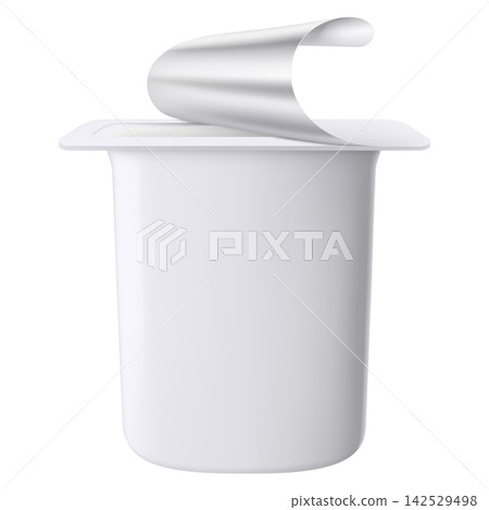 Plastic packages with yogurt. Dairy sour cream with foil lid, cap isolated on white background with clipping path. Realistic 3d rendering Plastic packages with yogurt. Dairy sour cream with foil lid, cap isolated on white background with clipping path. Realistic 3d rendering 142529498