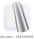 Plastic packages with yogurt. Dairy sour cream with open foil lid, cap isolated on white background with clipping path. Realistic 3d rendering 142529500