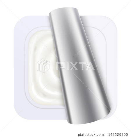 Plastic packages with yogurt. Dairy sour cream with open foil lid, cap isolated on white background with clipping path. Realistic 3d rendering Plastic packages with yogurt. Dairy sour cream with open foil lid, cap isolated on white background with clipping path. Realistic 3d rendering 142529500