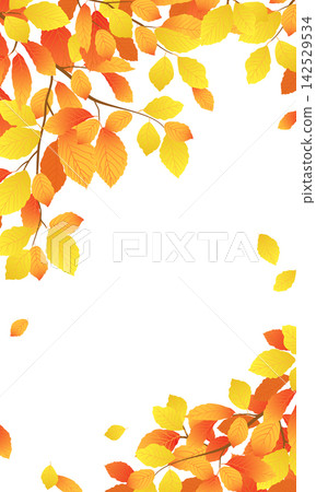 Vector illustration featuring autumn branches. Vertical banner with orange and yellow beech leaves. Leaf fall season. Elm leaves gently drift down and flutter in the wind. Clip art for sales events. 142529534