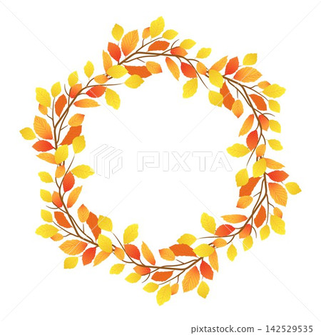 Round frame made of autumn beech branch. Orange and yellow elm leaves in wreath. Vector illustration of falling leaves. Template for seasonal discounts offers. Stylized branch for Thanksgiving. Round frame made of autumn beech branch. Orange and yellow elm leaves in wreath. Vector illustration of falling leaves. Template for seasonal discounts offers. Stylized branch for Thanksgiving. 142529535