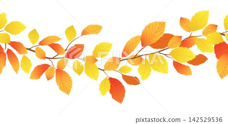 Horizontal pattern with autumn beech branch. Orange and yellow beech leaves in early autumn. Vector seamless leaf fall border. Illustration for seasonal sales and offers. Stylized Cartoon elm branch. Horizontal pattern with autumn beech branch. Orange and yellow beech leaves in early autumn. Vector seamless leaf fall border. Illustration for seasonal sales and offers. Stylized Cartoon elm branch. 142529536