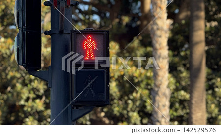 Red pedestrian traffic light showing the stop signal at an urban crosswalk Red pedestrian traffic light showing the stop signal at an urban crosswalk 142529576