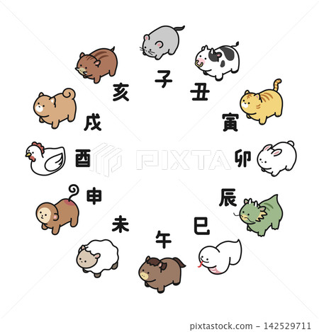 等距視角插圖：十二生肖動物的可愛插圖 142529711