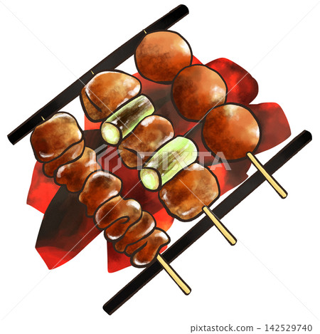 Illustration of yakitori grilled over charcoal, with sauce (chicken skin, chicken and green onion, chicken meatballs) Illustration of yakitori grilled over charcoal, with sauce (chicken skin, chicken and green onion, chicken meatballs) 142529740
