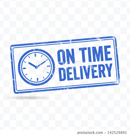 Blue grunge on time delivery stamp vector illustration featuring a clock icon and bold typography Blue grunge on time delivery stamp vector illustration featuring a clock icon and bold typography 142529891