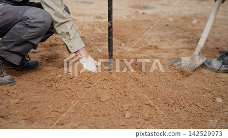 Gloved worker kneels on dry earth while packing soil around young plant support stake, with shovel beside mound, showing hands on garden restoration, land care, and outdoor planting work Gloved worker kneels on dry earth while packing soil around young plant support stake, with shovel beside mound, showing hands on garden restoration, land care, and outdoor planting work 142529973
